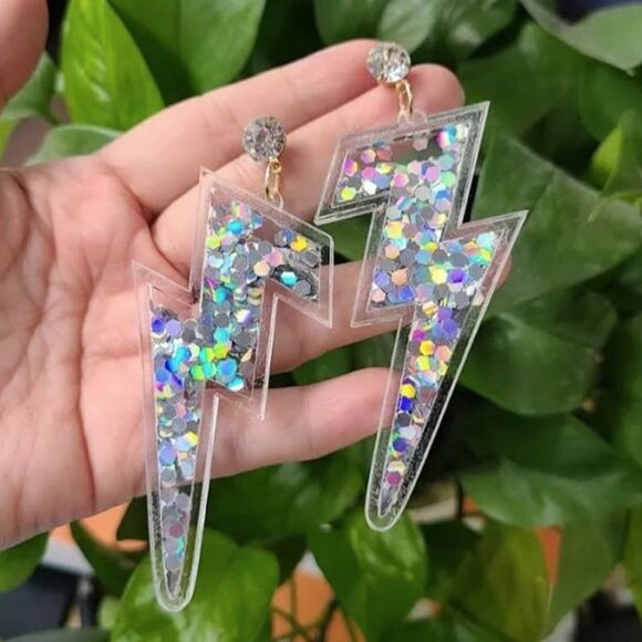 Handmade Jewelry - Acrylic Glitter Lightning Bolt Earrings, Kawaii Jewelry, 80s 90s Inspired